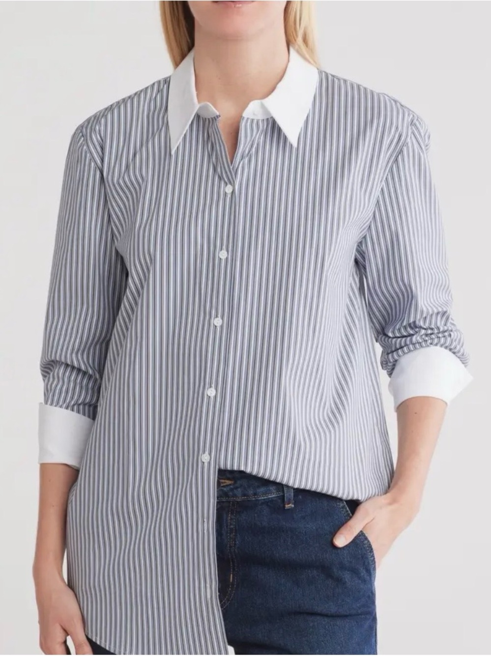 L'AGENCE Malia Stripe Contrast Collar Button-Up Tunic Shirt SIZE XL NWT